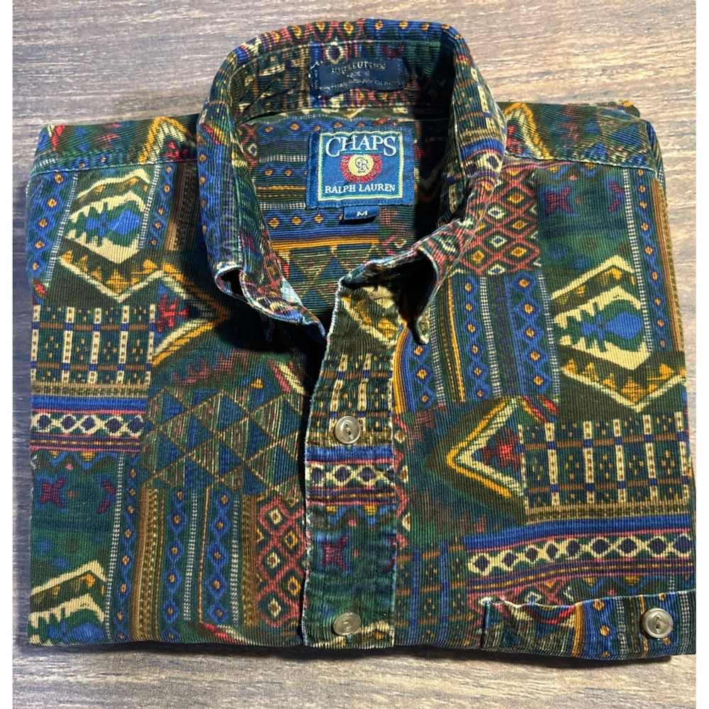 Vintage Ralph Lauren Chaps Shirt Mens M Corduroy  Aztec Geometric Button Down